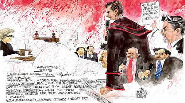 Oliver Schopf, Karikaturist, Gerichtsillustration: Bawag-Prozess 2008,68. tag, georg krakow, anklageerweiterung, peter nakowitz, helmut elsner, johann zwettler, wolfgang floettl, wolfgang schubert, claudia bandion-ortner, fritz kleiner 