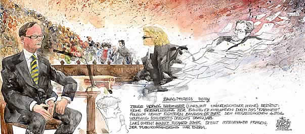 Oliver Schopf, Karikaturist, Gerichtsillustration: Bawag-Prozess 2008,68. tag, georg krakow, anklageerweiterung, peter nakowitz, helmut elsner, johann zwettler, wolfgang floettl, wolfgang schubert, claudia bandion-ortner, fritz kleiner 