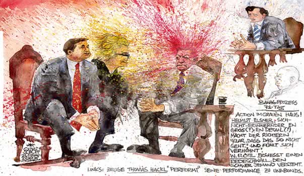 Oliver Schopf, Karikaturist, Gerichtsillustration: Bawag-Prozess 2008, TAg 71. helmut elsner, claudia bandion-ortner, thomas hackl, wolfgang floettl, action im grauen haus 