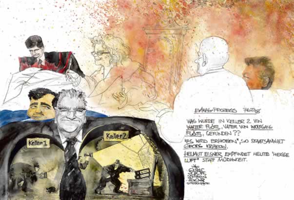 Oliver Schopf, Karikaturist, Gerichtsillustration: Bawag-Prozess 2008, TAg 72.johann zwettler, wolfgang floettl, helmut elsner, claudia bandion-ortner, josef schwarzecker, robert reiter, guenter weninger, fritz kleiner, �pfel, apfelstrudel 