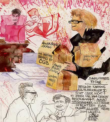 Oliver Schopf, Karikaturist, Gerichtsillustration: Bawag-Prozess 2008, TAg 77. prozesstag 77, claudia bandion-ortner, georg krakow, christian hausmaninger, brisante kartons, parteienfinanzierung, floettl, elsner 

johann zwettler, wolfgang floettl, helmut elsner, 
