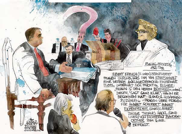 Oliver Schopf, Karikaturist, Gerichtsillustration: Bawag-Prozess 2008,gerichtszeichnungen, BAWAG-Prozess in �sterreich 2007 2008, helmut elsner, claudia bandion-ortner,oliver schopf, karikatur, politische karikatur, gerichtszeichnungen, BAWAG-Prozess in �sterreich 2007 2008, thomas hackl, hubert kreuch, christian buettner, wolfgang floettl, wolfgang schubert, georg krakow, herbert eichenseder, claudia bandion-ortner, eier

  