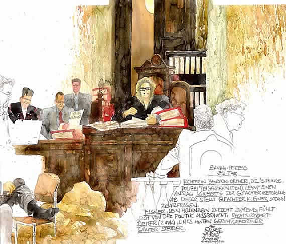 Oliver Schopf, politischer Karikaturist aus �sterreich, politische Karikaturen aus �sterreich, Karikatur, Illustrationen, Gerichtssaalzeichnung �sterreich 2008: Bawag-Proze�, 84. Tag, Bandion-Ortner, Fritz Kleiner, Georg Krakow, G�nter Steurer, Wolfgang Schubert



  