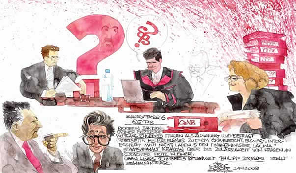 Oliver Schopf, politischer Karikaturist aus �sterreich, politische Karikaturen aus �sterreich, Karikatur, Illustrationen, Gerichtssaalzeichnung �sterreich 2008: Bawag-Proze�, 85. Tag, Elsner, Lacina, Krakow, Strasser, Bandion-Ortner, Fragen





  