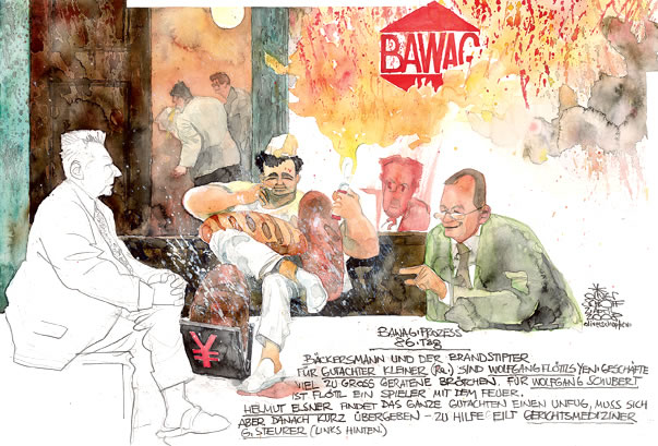 Oliver Schopf, politischer Karikaturist aus �sterreich, politische Karikaturen aus �sterreich, Karikatur, Illustrationen, Gerichtssaalzeichnung �sterreich 2008: Bawag-Proze�, 86. Tag, Wolfgang Floettl, Helmut Elsner, Wolfgang Schubert, Fritz Kleiner, Guenter Steurer, Baecker, Broetchen, Feuer






  