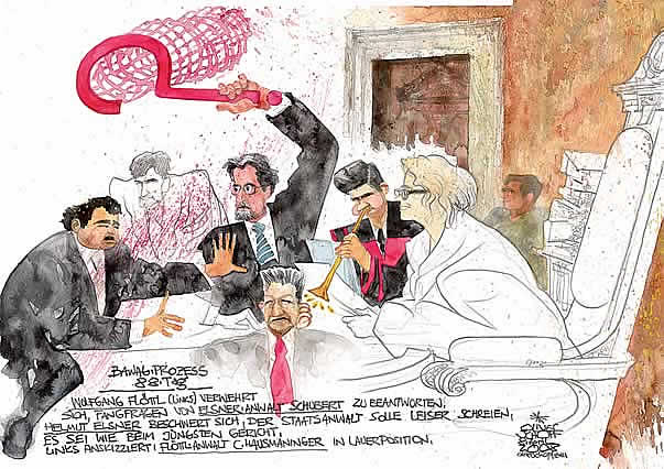 Oliver Schopf, politischer Karikaturist aus �sterreich, politische Karikaturen aus �sterreich, Karikatur, Illustrationen, Gerichtssaalzeichnung �sterreich 2008: Bawag, wolfgang floettl, christian hausmaninger, wolfgang schubert, helmut elsner, georg krakow,  claudia bandion-ortner, fangfragen, juengstes gericht






  