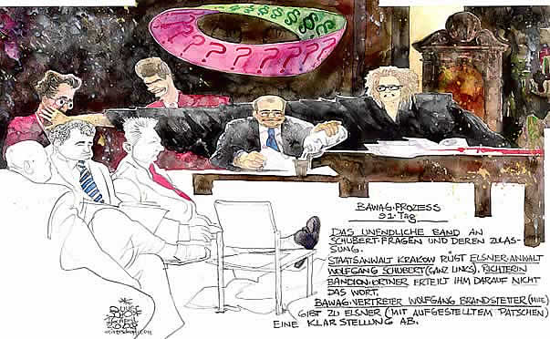 Oliver Schopf, politischer Karikaturist aus �sterreich, politische Karikaturen aus �sterreich, Karikatur, Illustrationen, Gerichtssaalzeichnung �sterreich 2008: Bawag, wolfgang schubert, georg krakow, wolfgang brandstetter, claudia bandion-ortner, helmut elsner, wolfgang floettl, moebiusband, fragen









  