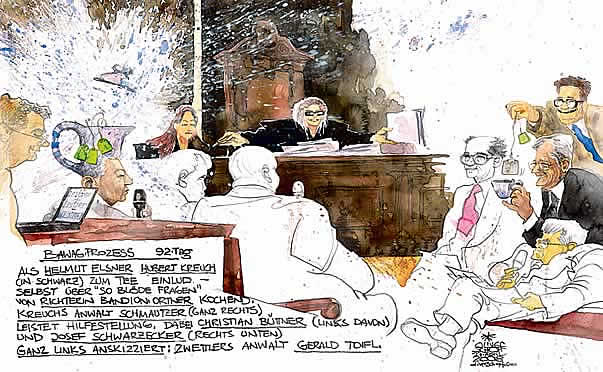Oliver Schopf, politischer Karikaturist aus �sterreich, politische Karikaturen aus �sterreich, Karikatur, Illustrationen, Gerichtssaalzeichnung �sterreich 2008: Bawag, claudia bandion-ortner, irene mann, helmut elsner, wolfgang floettl, johann zwettler, christian buettner, hubert kreuch, peter schmautzer, josef schwarzecker, tee, kochen










  