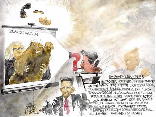 Oliver Schopf, politischer Karikaturist aus �sterreich, politische Karikaturen aus �sterreich, Karikatur, Illustrationen, Gerichtssaalzeichnung �sterreich 2008: Bawag, helmut elsner, wolfgang floettl, fritz kleiner, claudia bandion-ortner, wolfgang schubert, murmeltier, und taeglich grue�t das murmeltier, motten, nebel 










  