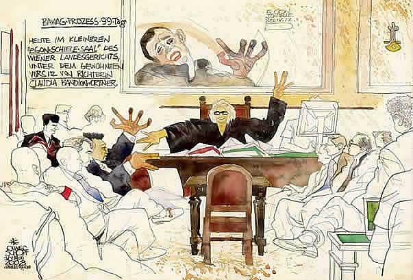 Oliver Schopf, politischer Karikaturist aus �sterreich, politische Karikaturen aus �sterreich, Karikatur, Illustrationen, Gerichtssaalzeichnung �sterreich 2008: Bawag, �wiener landesgericht, egon-schiele-saal, egon schiele, claudia bandion-ortner, helmut elsner, georg krakow









  