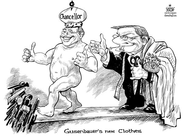 oliver schopf, editorial cartoon, austria, gusenbauer, schuessel, grand coalition,  emperor&rsquo;s new clothes, taylor