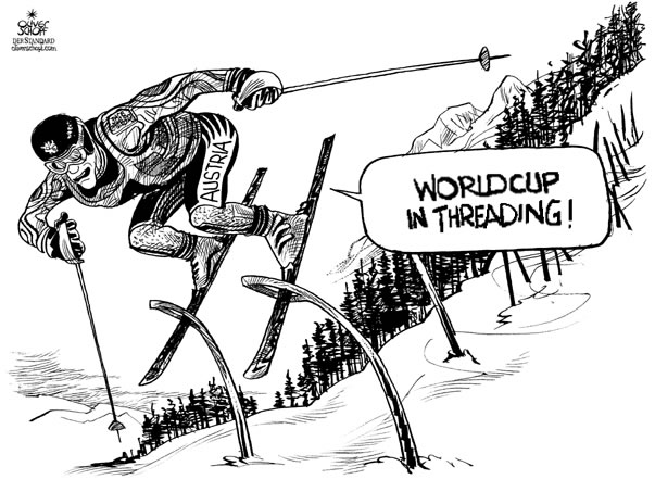 Oliver Schopf; editorial cartoons; Austria: Austrian ski stars beiing successful in new competitions; skiing, worldcup, threading, slalom

