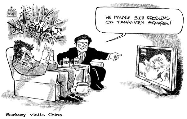 Oliver Schopf; Editorial Cartoons;sarkozy, turmoils, paris, china, tiananmen sqaure, hu jintao