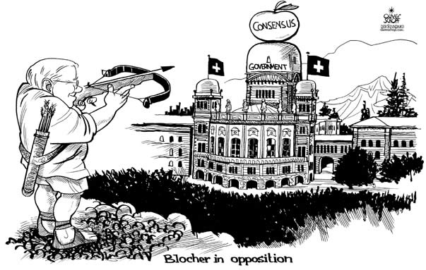oliver schopf, editorial cartoon, switzerland, bern, parliament, swiss people�s party, christoph blocher, consensus, magic formula, Wilhelm tell, apple, crossbow


