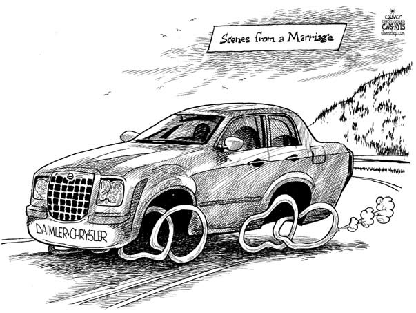 Oliver Schopf, editorial cartoons: German Daimler sells Chrysler,scenes from a marriage, rings .