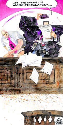 Oliver Schopf, Editorial Cartoon, oliver schopf, editorial cartoon, mass circulation, the press, journalism, law, verdict
