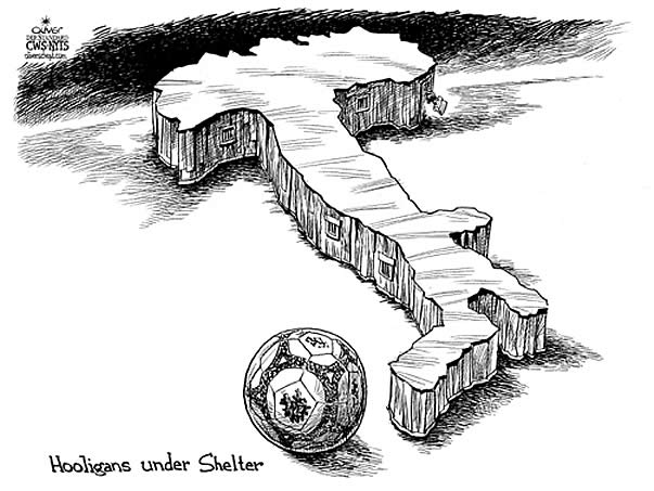 Oliver Schopf; editorial Cartoons: Italy 2007; editorial cartoon, italy, soccer, hooligan, shelter; Hooligans killed a policeman and threw Italy soccer into a void.
