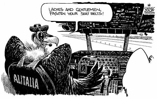 Oliver Schopf, editorial cartoons from Austria, cartoonist from Austria, Austrian illustrations, illustrator from Austria, editorial cartoon Europe 2008: Italy, alitalia, vulture, cockpit, captain

