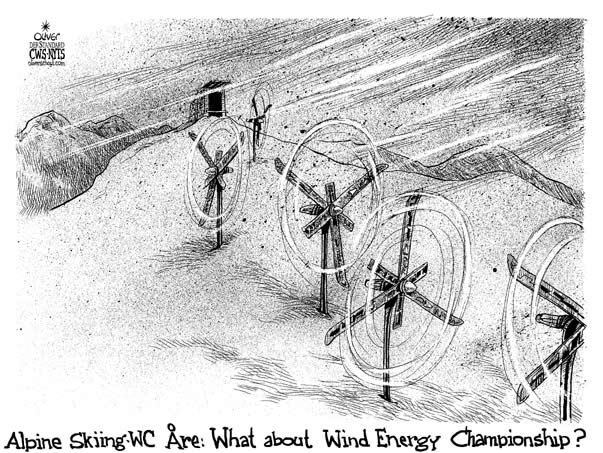 Oliver Schopf, editorial Cartoons: EU: editorial cartoon, �re, alpine skiing, wind energy, championship, snow