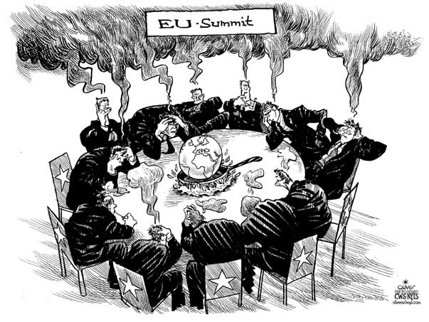 Oliver Schopf, editorial cartoons; EU:2007 , eu-summit,  global warming, smoking, co2