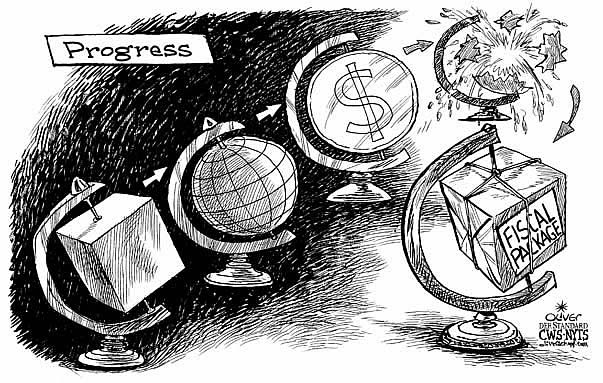 Oliver Schopf, editorial cartoons from Austria, cartoonist from Austria, Austrian illustrations, illustrator from Austria, editorial cartoon International 2008: economy, finance crisis, globe, fiscal package, progress

