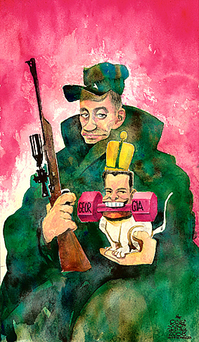 Oliver Schopf, editorial cartoons from Austria, cartoonist from Austria, Austrian illustrations, illustrator from Austria, editorial cartoon International 2008: Russia, georgia, caucasus, putin, medvedev, hunting, dog, retrieving

