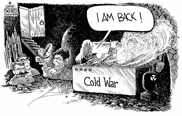 Oliver Schopf, editorial cartoons from Austria, cartoonist from Austria, Austrian illustrations, illustrator from Austria, editorial cartoon International 2008: Russia, USA, cold war, cellar, freezer, stalin, breshniev, reagan, sdi

