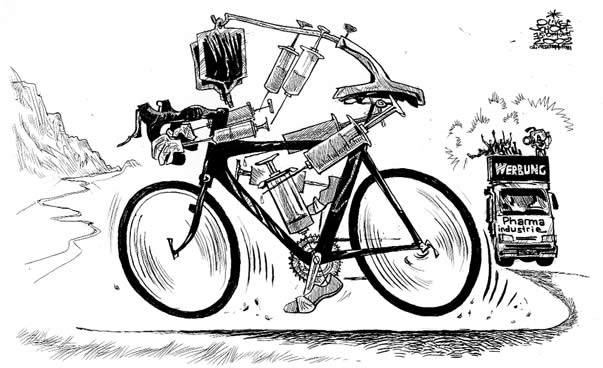 Oliver Schopf, editorial cartoons from Austria, cartoonist from Austria, Austrian illustrations, illustrator from Austria, editorial cartoon International 2008: sports, doping, bicycle, injection

