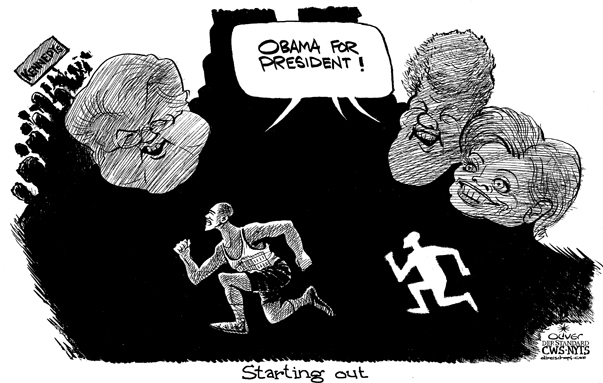 
Oliver Schopf, editorial cartoons from Austria, cartoonist from Austria, Austrian illustrations, illustrator from Austria, editorial cartoon International 2008: usa, democrats, convention, shadow, ted kennedy, bill clinton, hillary clinton, running


