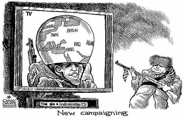 Oliver Schopf, editorial cartoons from Austria, cartoonist from Austria, Austrian illustrations, illustrator from Austria, editorial cartoon International 2008: USA, obama, mccain, trip, campaigning
 