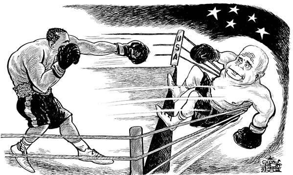 Oliver Schopf, editorial cartoons from Austria, cartoonist from Austria, Austrian illustrations, illustrator from Austria, editorial cartoon International 2008: usa, elections, boxing, obama, mccain, 