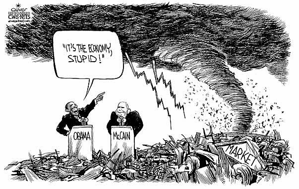 Oliver Schopf, editorial cartoons from Austria, cartoonist from Austria, Austrian illustrations, illustrator from Austria, editorial cartoon International 2008: usa, market, crisi, campaign, obama, mccain, hurricane, �it�s the economy, stupid!�