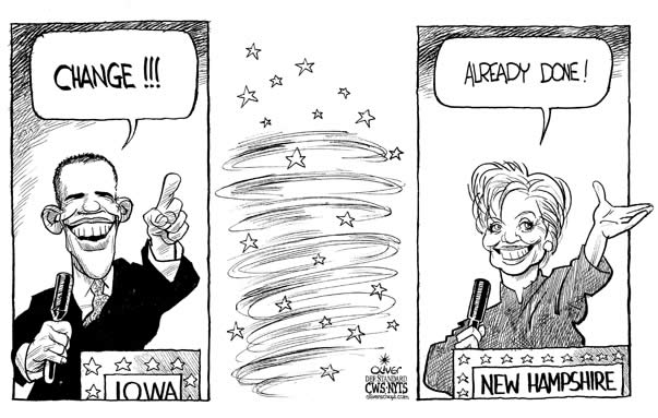 Oliver Schopf; editorial cartoon, Austrian cartoonist, usa, campaign, caucus, iowa, new hampshire, barack obama, hillary clinton, change