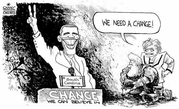 Oliver Schopf; editorial cartoons; austrian cartoonist, usa, presidential election, caucus, 
barack obama, bill clinton, hillary clinton, south Carolina, dirty campaigning, change 


