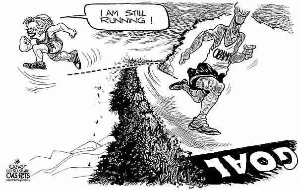 Oliver Schopf, editorial cartoons from Austria, cartoonist from Austria, Austrian illustrations, illustrator from Austria, editorial cartoon International 2008: USA, preliminaries, democrats, hillary Clinton, barack obama, goal, running

