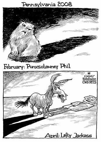 Oliver Schopf, editorial cartoons from Austria, cartoonist from Austria, Austrian illustrations, illustrator from Austria, editorial cartoon International 2008: usa, pennsylvania, groundhog day, punxsutawney phil, shadow, democrats, jackass


 