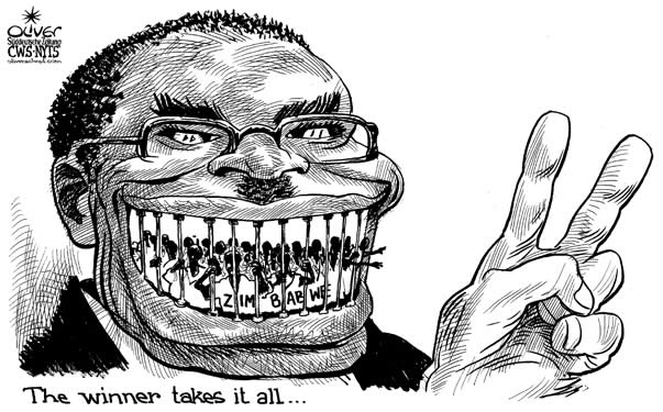 Oliver Schopf, editorial cartoons from Austria, cartoonist from Austria, Austrian illustrations, illustrator from Austria, editorial cartoon International 2008: Africa, zimbabwe, mugabe, winner, election, victory, smile 