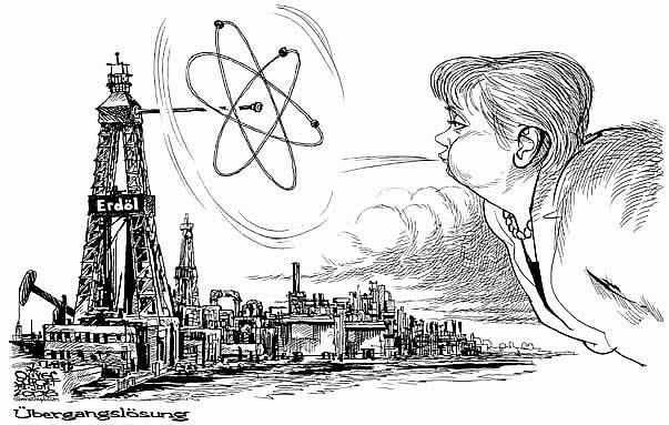 Oliver Schopf, politischer Karikaturist aus �sterreich, politische Karikaturen aus �sterreich, Karikatur Illustrationen Europa 2008:
Deutschland, angela merkel, atomenergie, windenergie, uebergangsloesung, erdoel

