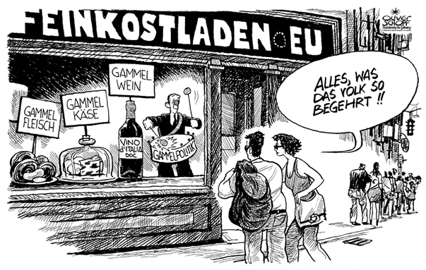 Oliver Schopf, politischer Karikaturist aus �sterreich, politische Karikaturen aus �sterreich, Karikatur Illustrationen Europa 2008:
EU, feinkostladen, gammelkaese, gammelwein, gammelfleisch, gammelpolitik