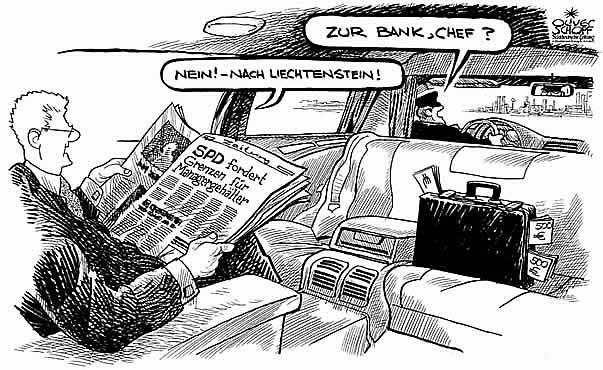 Oliver Schopf, politischer Karikaturist aus �sterreich, politische Karikaturen aus �sterreich, Karikatur Illustrationen Europa 2008:
Deutschland, spd, mangergehaelter, chauffeur, bank. Liechtenstein, geldkoffer
