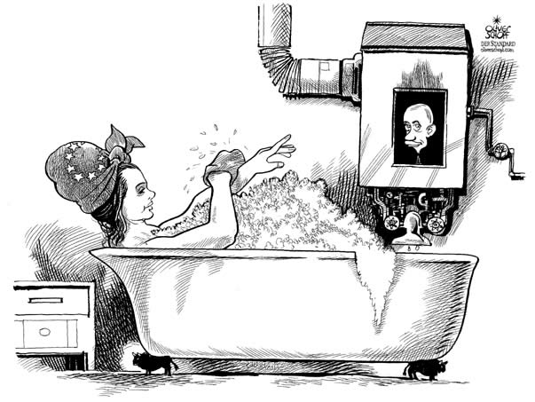 Oliver Schopf; editorial cartoons, Europe 2007; editorial cartoon, europian union, energy, gas, putin, boiler, bath, therm