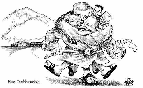 Oliver Schopf; politische Karikaturen, �sterreich Tschechien: karikatur, alfred gusenbauer, mirek topol�nek, akw temelin, tschechien, strahlen, nachbarschaft