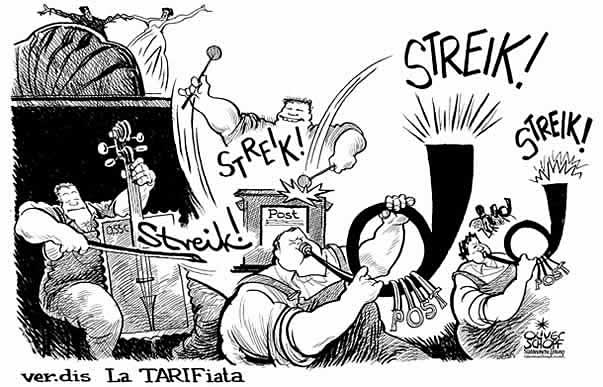 Oliver Schopf, politischer Karikaturist aus �sterreich, politische Karikaturen aus �sterreich, Karikatur Illustrationen Europa 2008:
deutschland, deutsche post, ver.di, tarifverhandlungen, streik, oper, giuseppe verdi, la traviata
