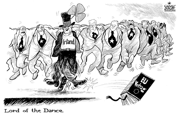 Oliver Schopf, politischer Karikaturist aus �sterreich, politische Karikaturen aus �sterreich, Karikatur Illustrationen Europa 2008:
EU, lissabon vertrag, irland abstimmung, lord of the dance, tanzen

 