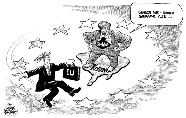 Oliver Schopf; Editorial cartoon;kosovo, serbia, eu, straight ahead

