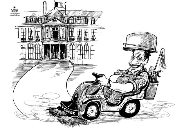 Oliver Schopf, editorial cartoons; france 2007, cleaning, karcher, nicolas sarkozy,
france, president, broom
