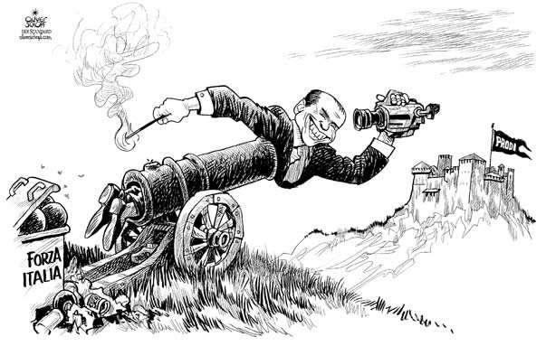 Oliver Schopf, politische Karikaturen, Karikaturist, Karikaturen: Italien 2007: berlusconi, forza italia, volk der freiheit, kanone, prodi, burg