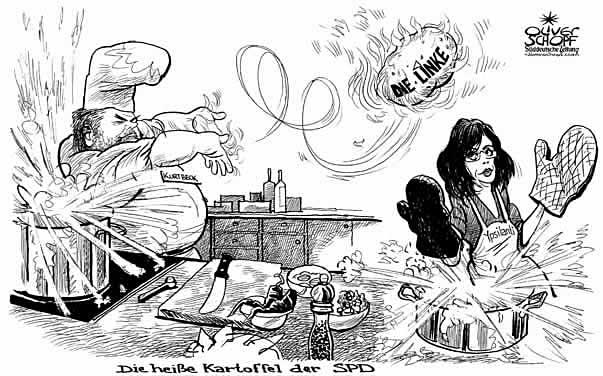 Oliver Schopf, politische Karikaturen, Karikaturist aus �sterreich, Europa 2008: deutschland, kurt beck, andrea ypsilanti, die linke, kochen, heisse kartoffel, spd