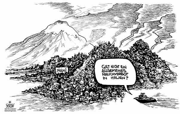 Oliver Schopf, politischer Karikaturist aus �sterreich, politische Karikaturen aus �sterreich, Karikatur Illustrationen Europa 2008: Italien, neapel, muellkrise, muellberge, vesuv, rauchen, rauchverbot
