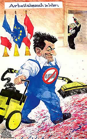 Oliver Schopf, politischer Karikaturist aus �sterreich, politische Karikaturen aus �sterreich, Karikatur Illustrationen Europa 2008:
sarkozy, arbeitsbesuch, gusenbauer, staatsbesuch, illegale einwanderer, kaercher, reinigen
 